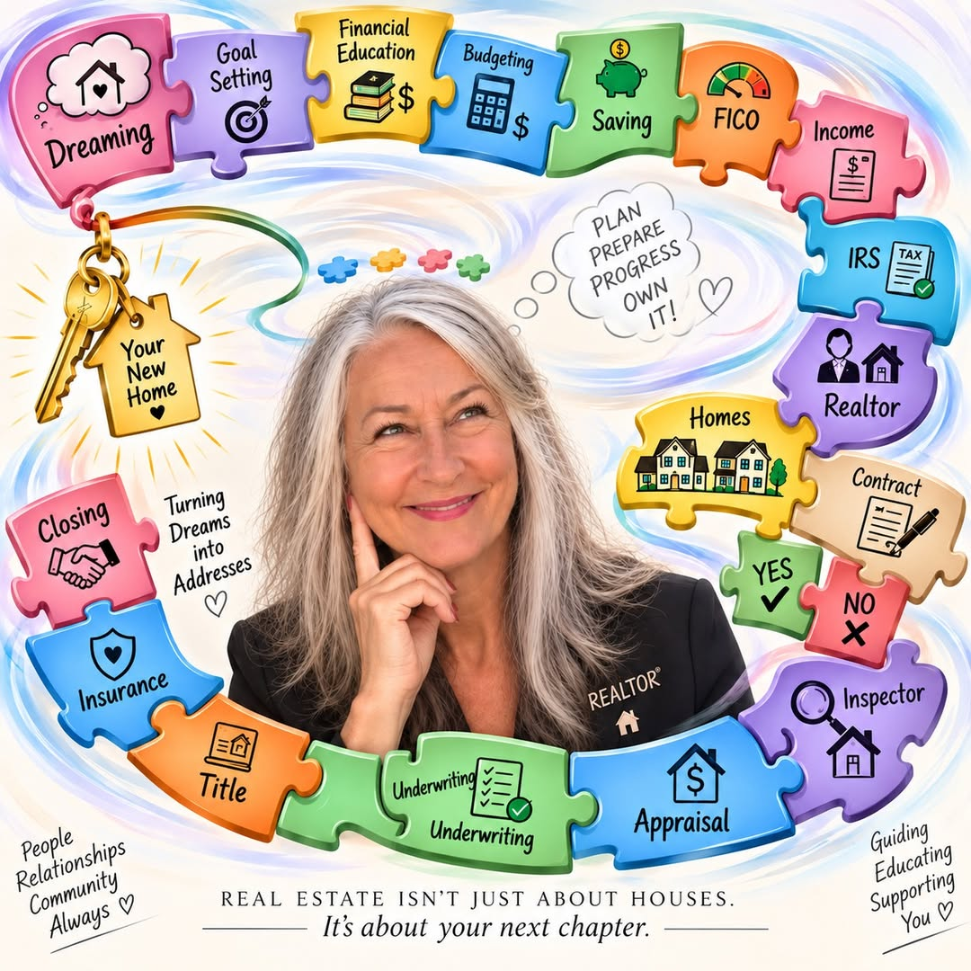 Kate Ward surrounded by colorful puzzle pieces representing the homebuying process